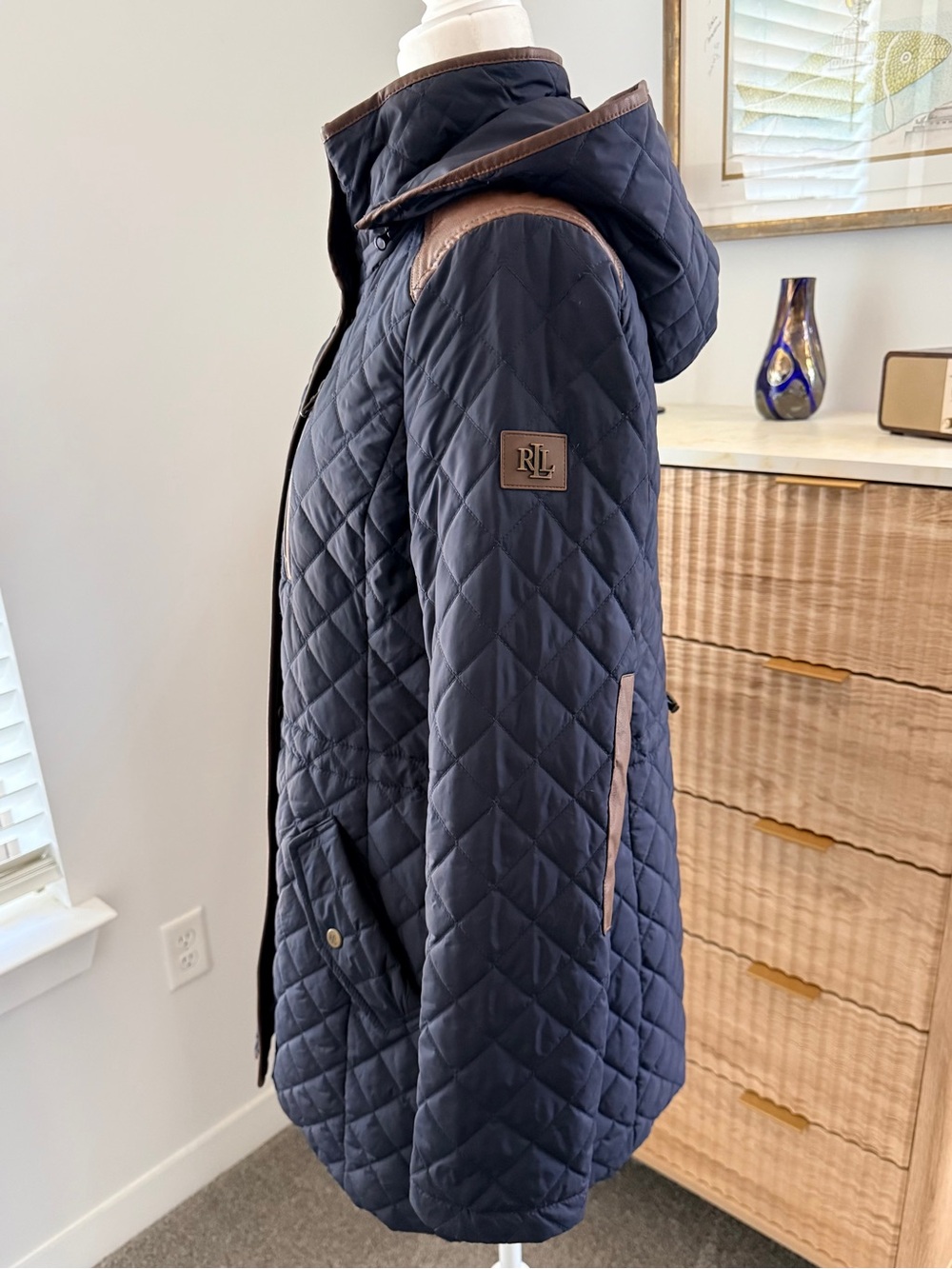 Lauren Ralph Lauren Navy Quilted Hooded Coat with Brown Trim - Picture 6 of 9